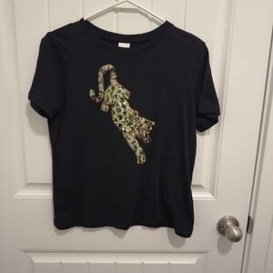 H&M Women's Black Tshirt Gold Green Sequin Leopard Graphic Size Small